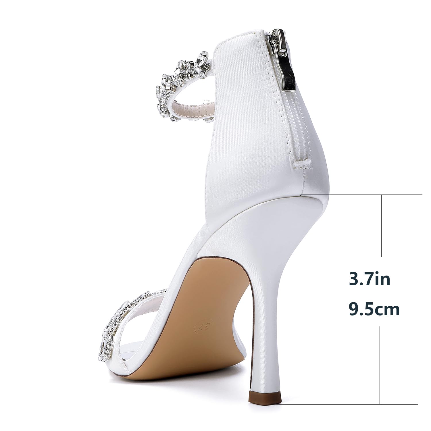 Sandalias de Satén con Tira de Cristales para Mujer Tacones de Boda Elegantes con Cremallera Trasera y Joyas