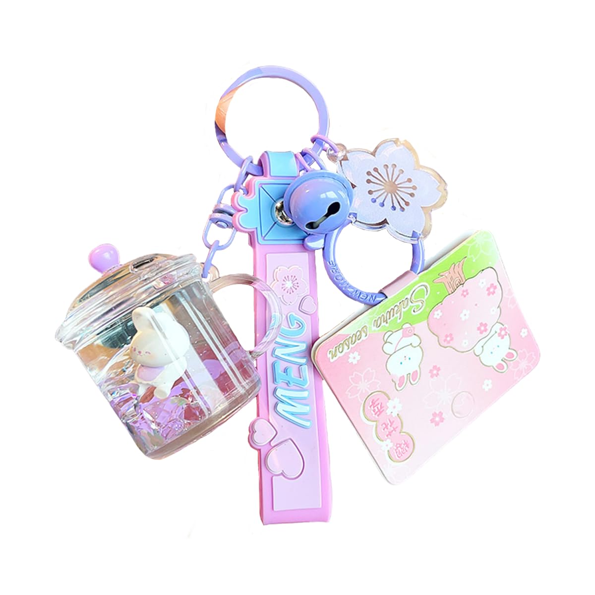 ZDHC Romantic Cherry Blossom Rabbit Quicksand Keychain Creative Motion Liquid Mug Floating Bunny Keyring Pendant Keyfob Gift