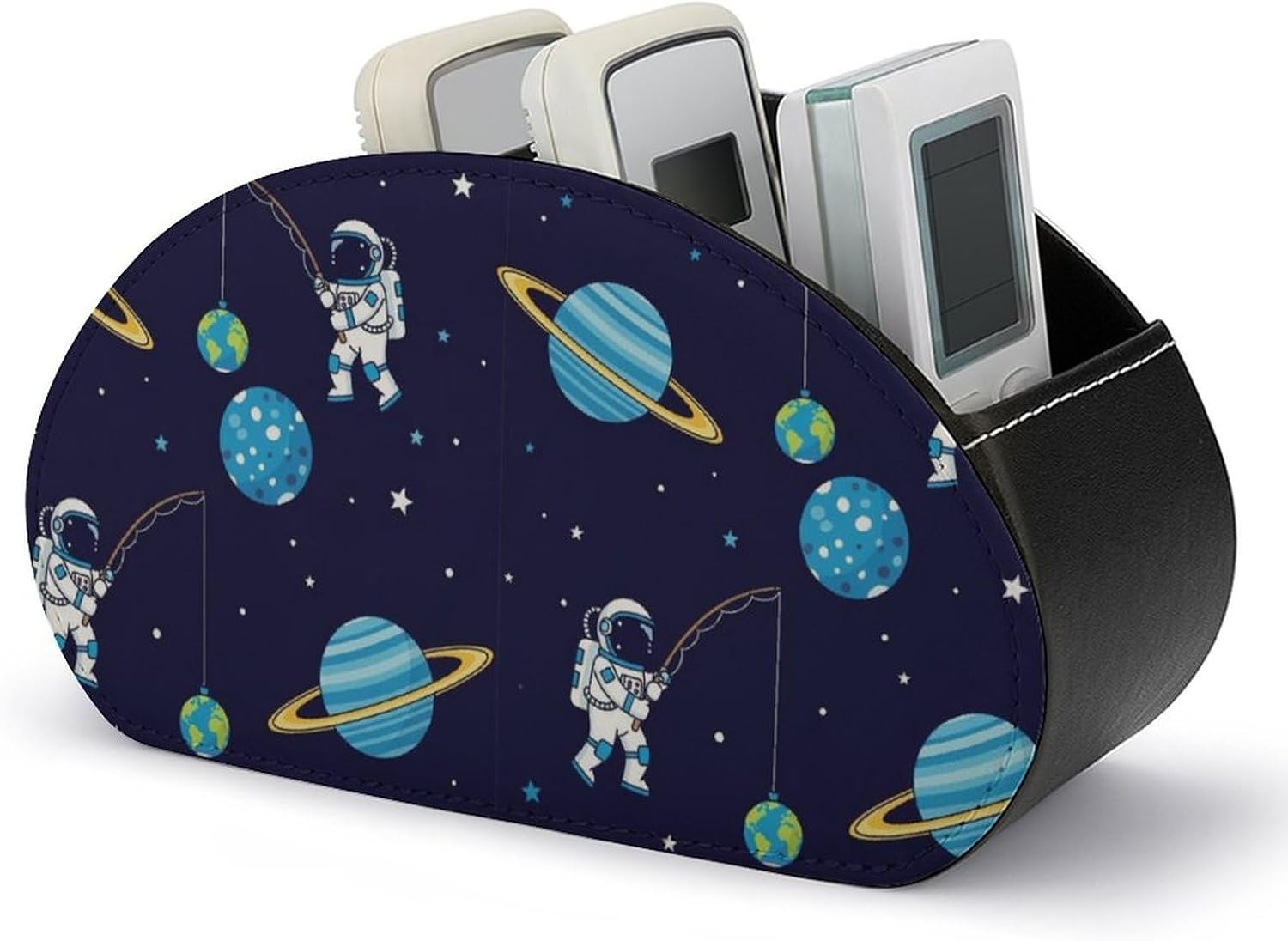 Remote Control Organizer with 5 Compartments, PU Leather Caddy for TV Remotes, Makeup Brushes, and Desk Accessories, Funny Astronaut