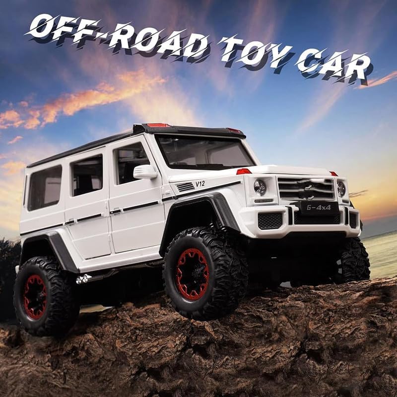 Image of Kids Model 1:24 AMG 4X4 Die Cast Metal Car Pull Back Action Opening Doors with Realistic Engine Sound Lights Toy Car Gift for Boys - White