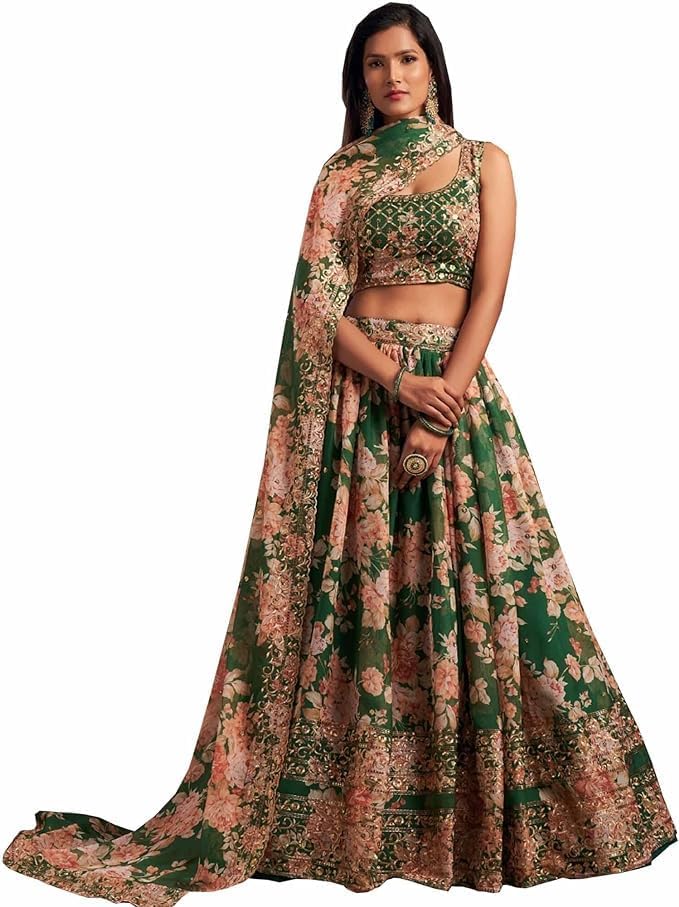 Indian Bollywood Stylish Designer Ready to Wear Lehenga Choli Party Wear Pakistani Beautiful Choli (GREEN, XL), X-Large