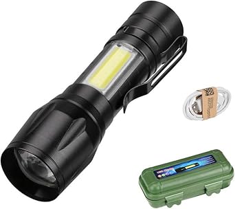 Rechargeable Handheld Flashlights Portable Mini Pocket Super Bright Flash Light Strong LED Flash Light with Side COB Work Light for Camping Hiking Home Outdoor Black