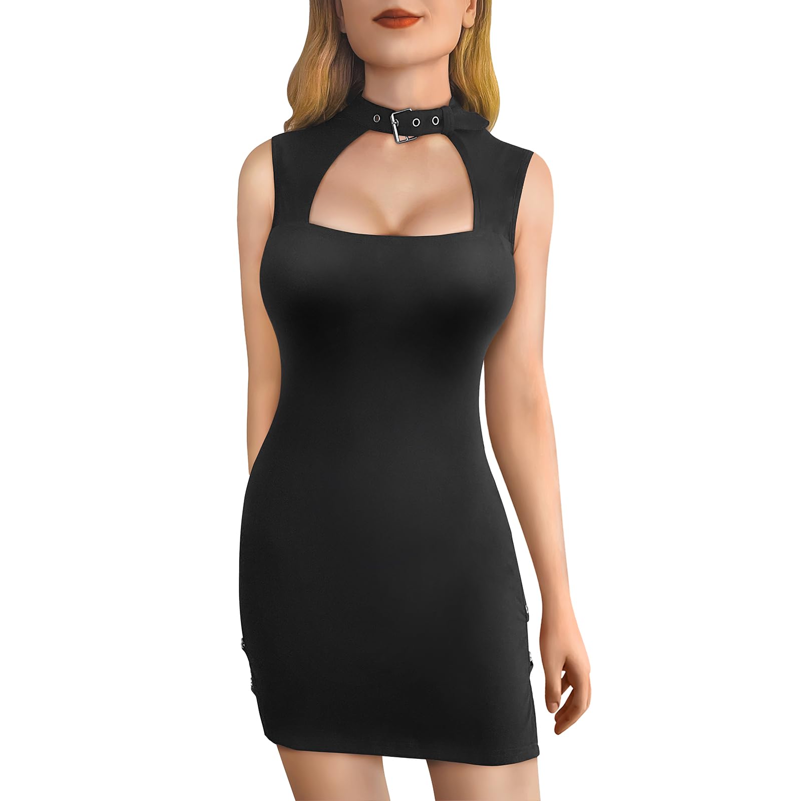 Littleforbig Women Cotton Sleeveless Cyber Goth Bodycon Collared Mini Dress Skirt: Small Black