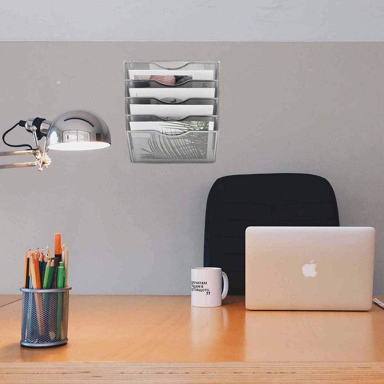 EASEPRES 5 Pockets Mesh Wall File Holder Organizer Office Hanging Magazine Rack, Silver