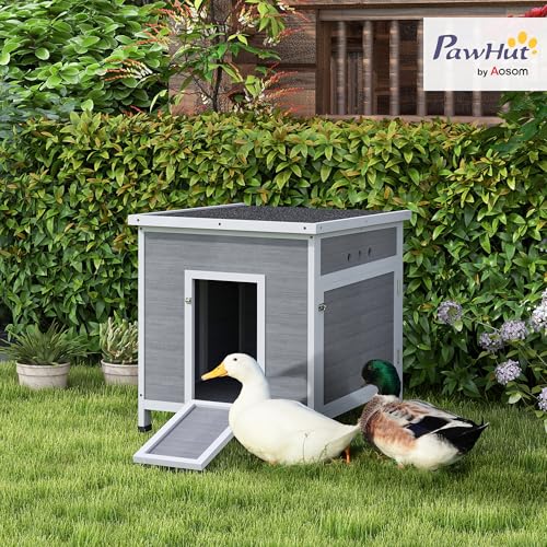 Image of PawHut Duck Coop, Wooden Chicken House Rabbit Hutch with Openable Roof, Removable Floor, Double Doors, Ramp, Duck House for 2-4 Chickens, Geese, 25 inch x 32 inch x 30 inch