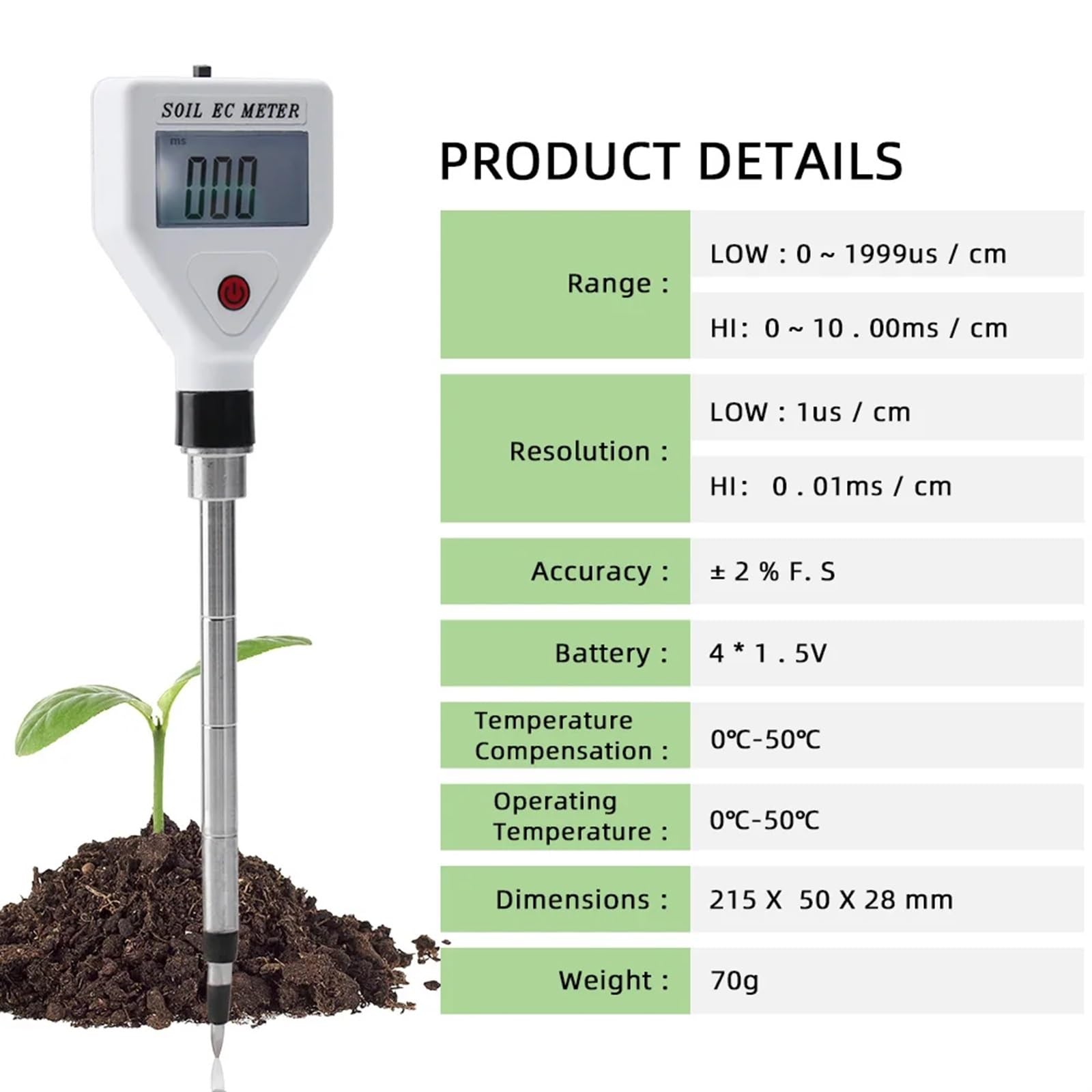 Probador de suelo, Medidor EC de suelo profesional 0-1999us/cm Sonda Metal alta precisión ATC probador conductividad Digital for tierras cultivo jardinería flores