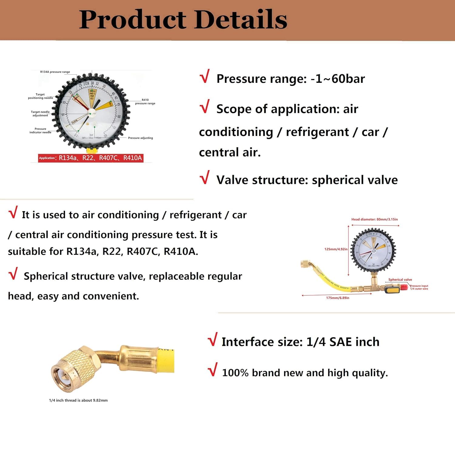 Stickstoff Druckprüfgerät Manometer, Stickstoffdruckprüfer, -1~60bar 80mm Stickstoff Manometer Klimaanlage Kühlung Stickstoffdrucktest Druckmessgeräte für R134a, R22, R407C, R410A