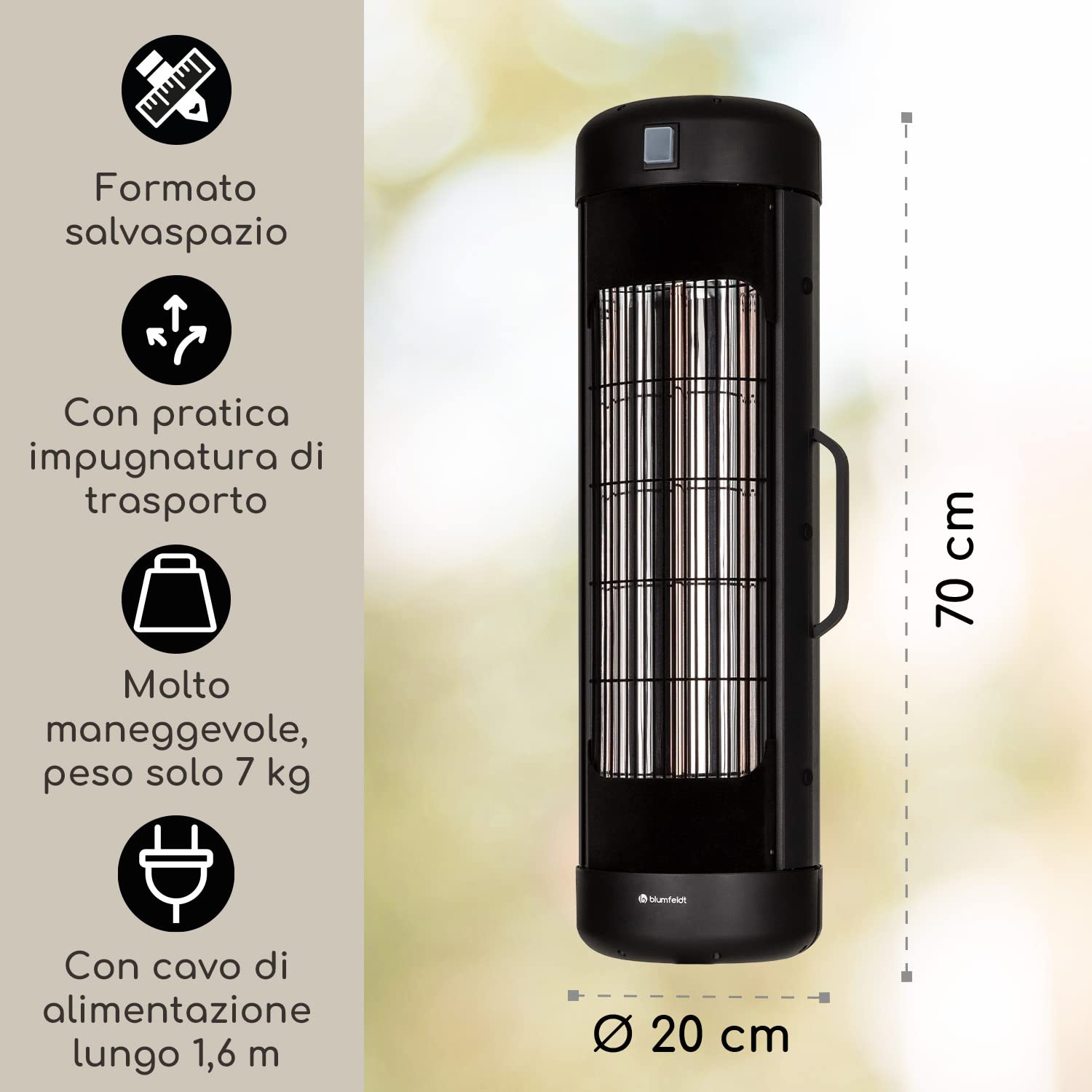 blumfeldt Heat Guru - Stufa infrarossi, terrazza, riscaldatore da esterno con protezione IP54, lampada infrarossi riscaldante con basamento e telecomando, 2000 W