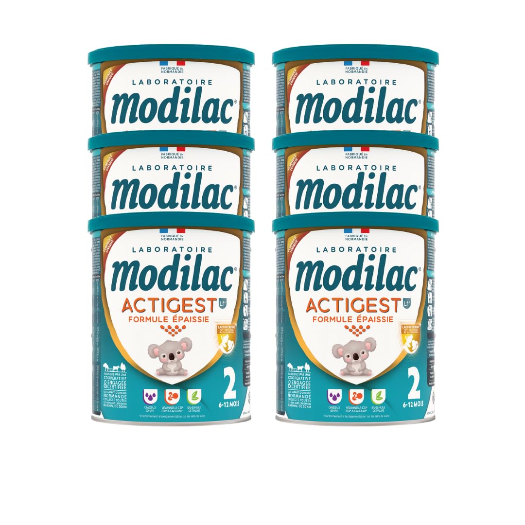 Modilac - Lait Infantile en Poudre Actigest Lf+2 - Formule Épaissie - Fabriqué en France Sans Huile de Palme - 2eme Age, de 6 à 12 Mois - Lot de 6x800g