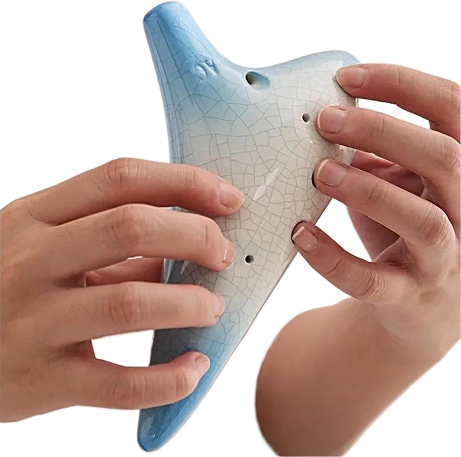 オカリナ 楽器 12穴セラミックアルトCオカリナひび割れ模様の管楽器 シンプルな音符弦付き(Blue-white)