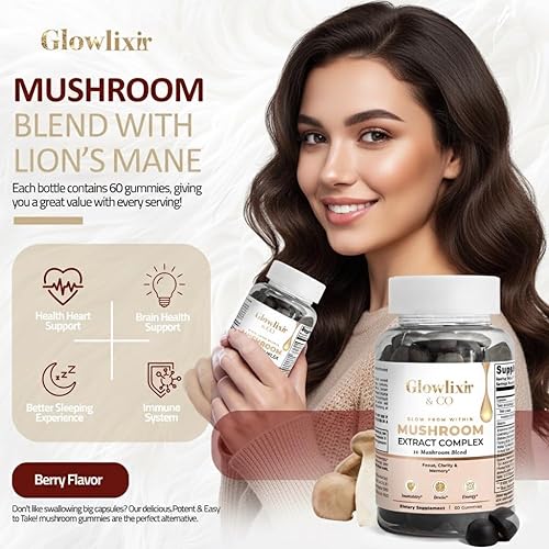 Miniatura 5 de Gomitas de hongos  Mezcla de 10 hongos con melena de león, Reishi, Chaga y más  Cordyceps para concentración y energía, memoria, inmunidad y energía