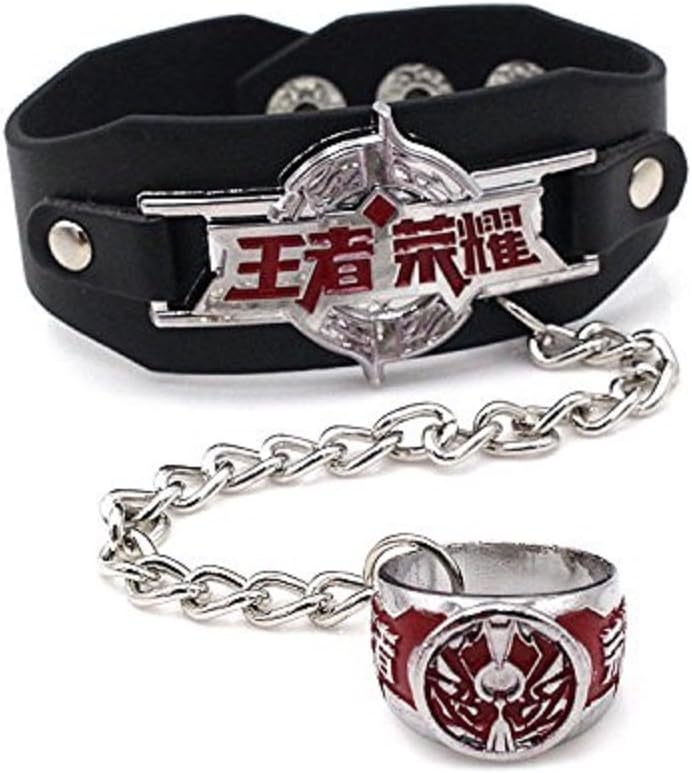 QIroseonlyJewelry Unique Punk Anime Series Wrist Belt Buckle Style Black Pu Leather Cuff Bangle Bracelet Alloy Unisex Bracelet with Ring Cosplay Wristband and Rings (Black24)