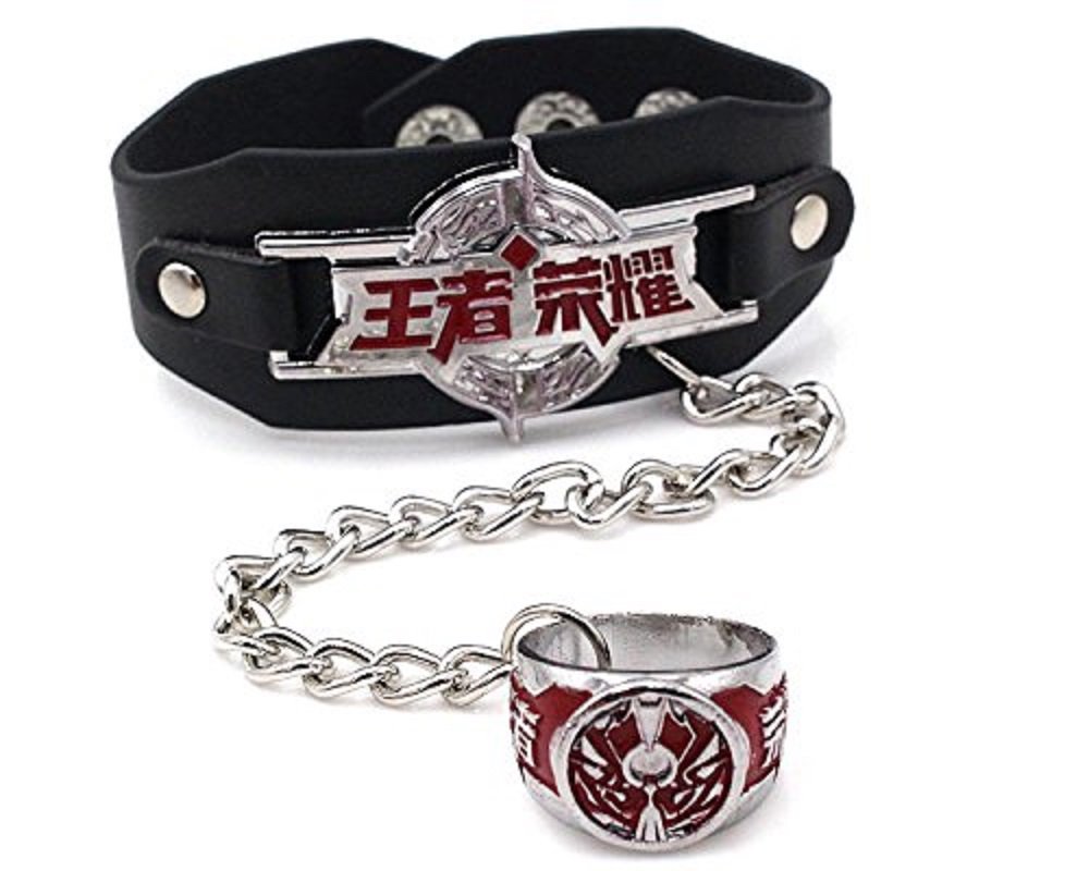 QIroseonlyJewelry Unique Punk Anime Series Wrist Belt Buckle Style Black Pu Leather Cuff Bangle Bracelet Alloy Unisex Bracelet with Ring Cosplay Wristband and Rings (Black24)
