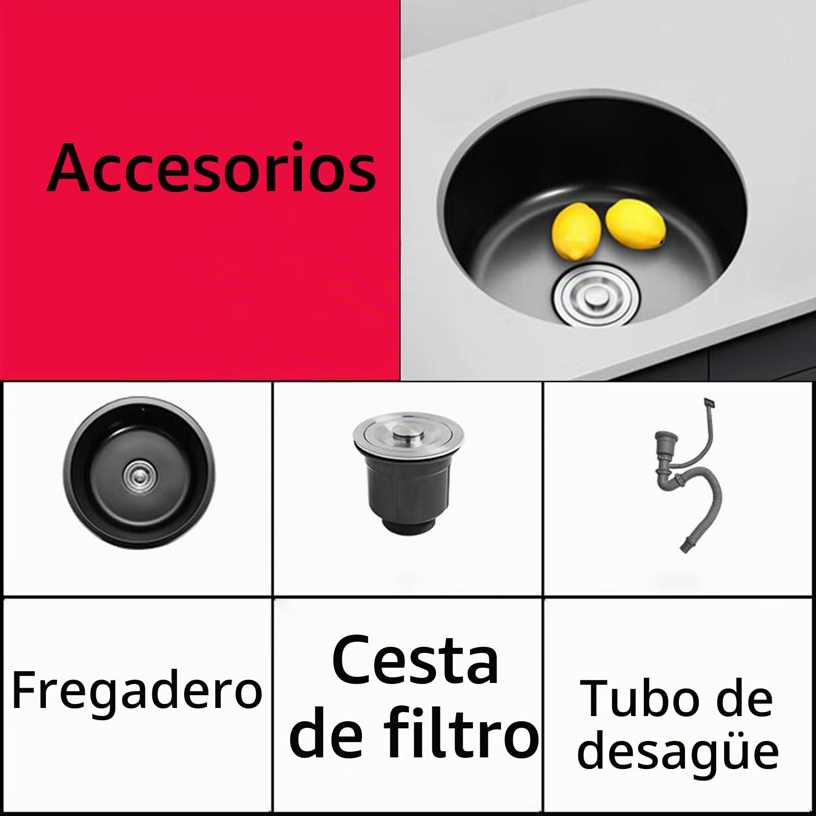 Fregadero Cocina 1 Seno,Pileta de Cocina Negro Redondo,Lavadero Cocinas Inox PequeñO con Drenaje,Formas de Instalar Sobre Encimera/Bajo Encimera (Ø 30cm)