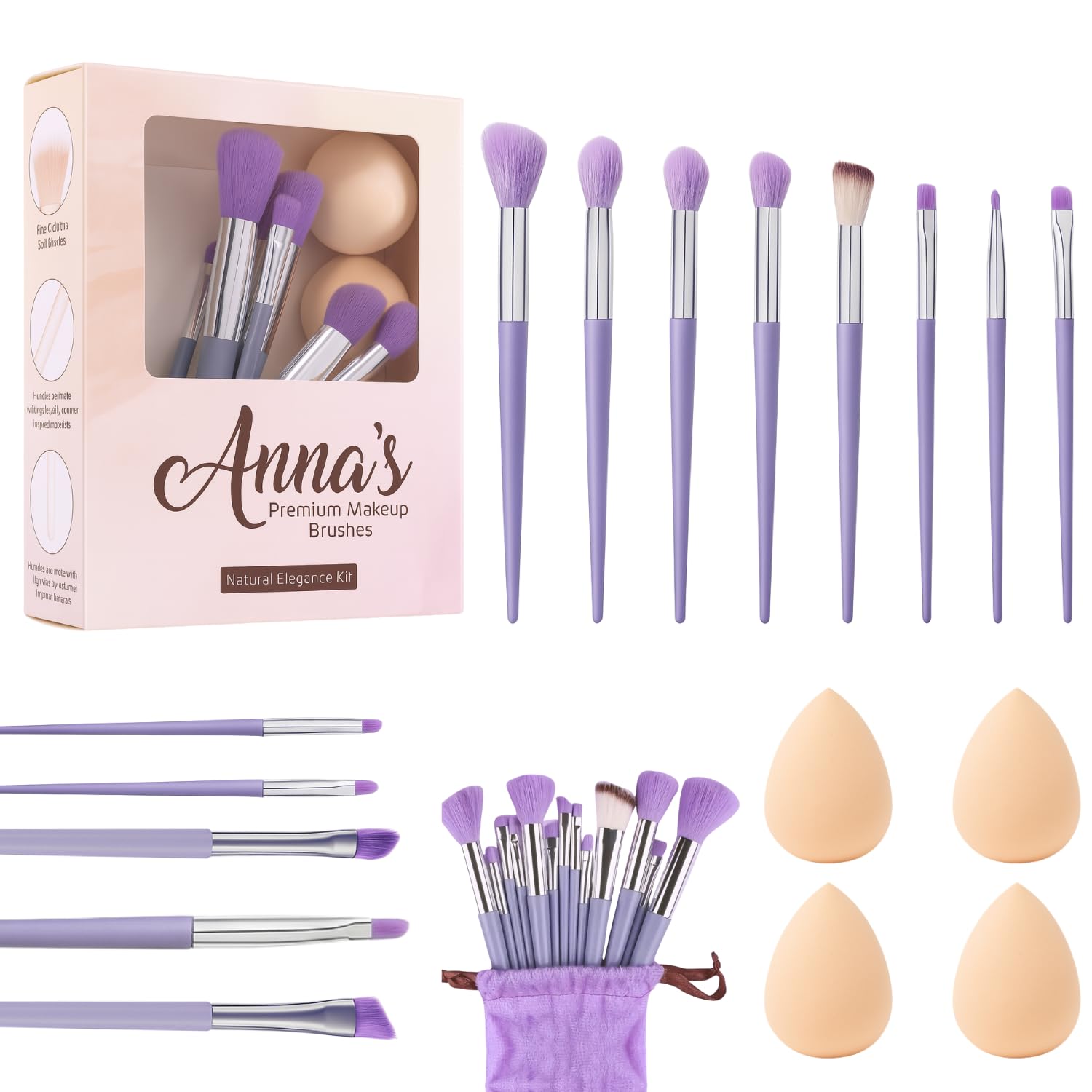 ANNA's Premium 17 Pcs with Gift Box 13 Pcs Makeup Brush Set with 4 Blender Sponge Professional Face & Eye Cosmetic Brushes for Foundation, Blending, Contouring, Eyeshadow – Soft Bristles Purple Handle-image-44