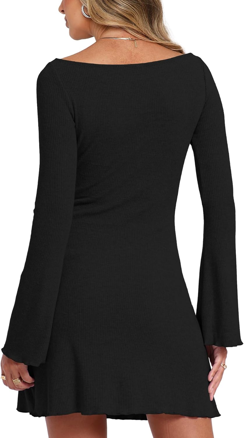 Darong Women's Long Sleeve Boat Neck Mini Dress Ribbed Knit Casual Bodycon A-Line Short Dresses Fall Winter Outfits - Image 2