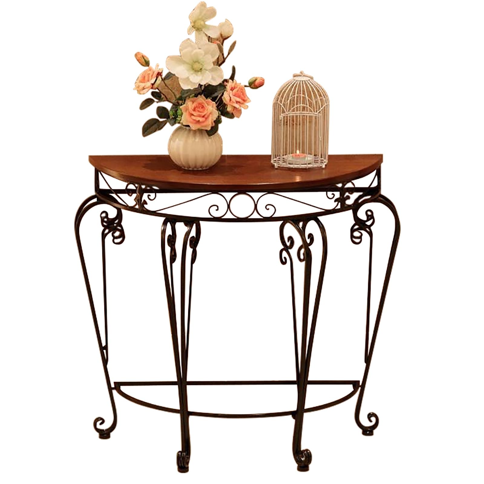Yclty Half Moon Console Table with Metal Scroll Legs, Top Entryway Table