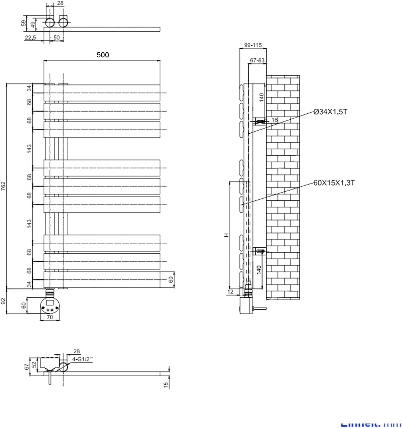 Technical drawing with detailed dimensions of the EMKE Electric Towel Warmer