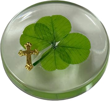 KIN-HEBI Real Four Leaf Clover Good Luck Pocket Token, Preserved, 1.25, Including Metal Cross Object Gold