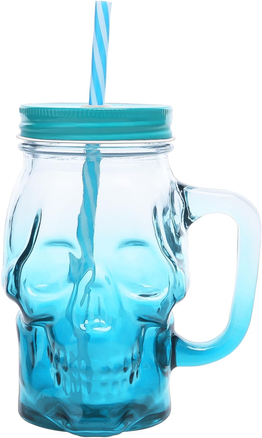 1Pc Skull Mason Jars with Handle, 16 Oz Glass Beer Mugs Gothic Wide Mouth Tumbler Cup with Straws and Lids, Novelty Pub Bar Mug Halloween Drinking Glasses for Beverage, Liquor, Mix Cocktail (1, Blue)