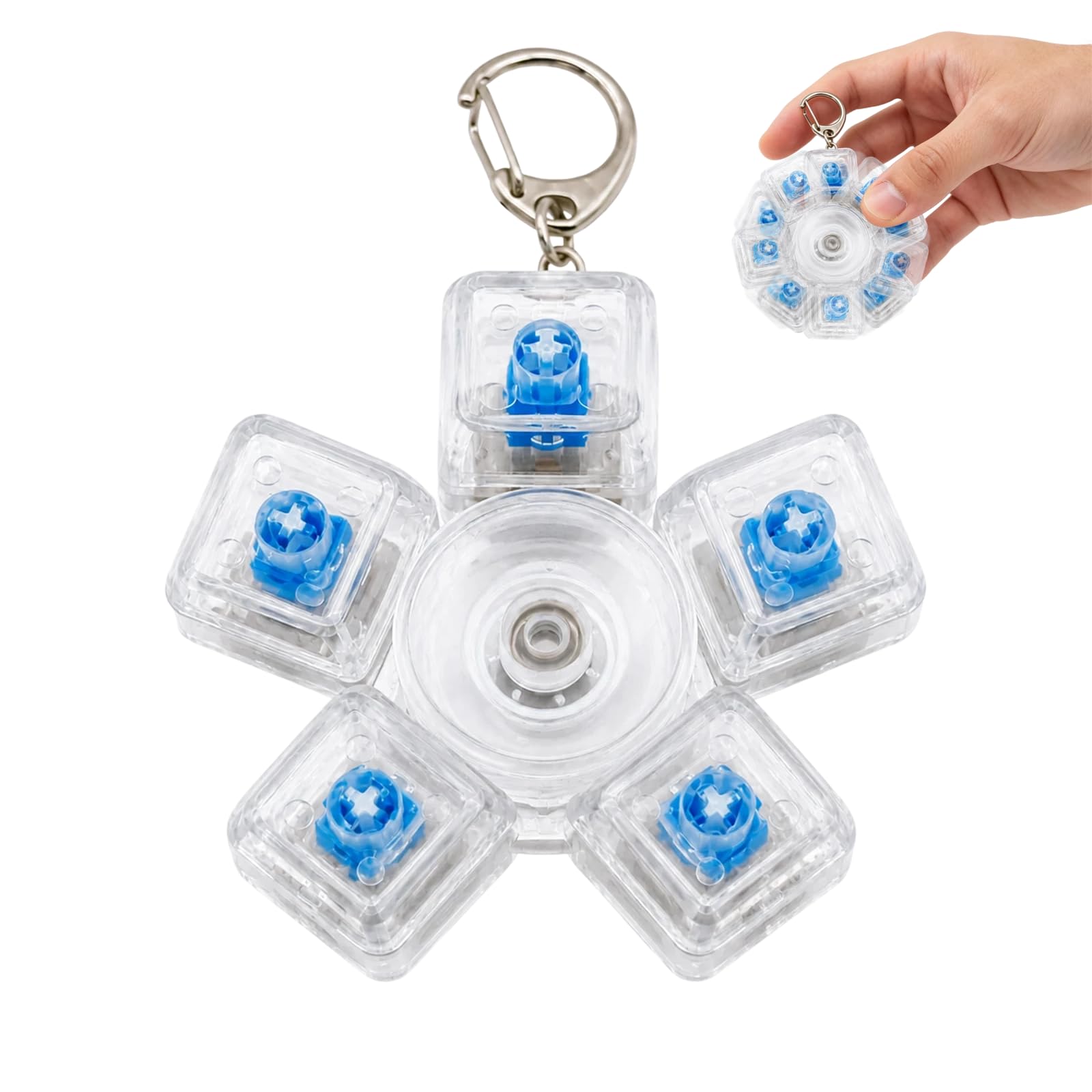 Rotating Keyboard Fidget Toy, 5-Button Clicky Keyboard Fidget Toy with Light, Transparent Clicky Blue Switch Decompression Toy, Portable Keyboard Keychain for Stress Relief, ADHD and Anxiety