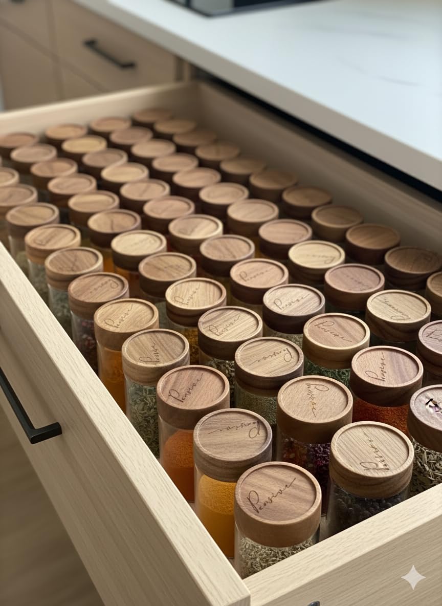 Générique PENSIVE Pot à Épices en Verre et Bois d'Acacia, 6 Pièces 100ml Bocaux à Épices avec Couvercle en Acacia Hermétique, Boite Epices pour Rangement de Épices Cuisine
