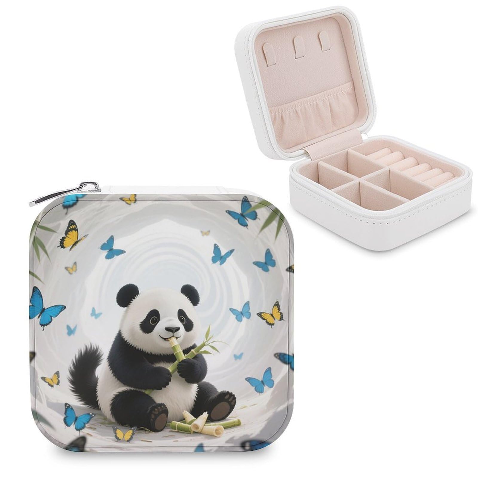 VstaDank White Cave Vortex Panda Jewelry Box for Women Jewelry Organizer Storage Case with Zipper Mini Travel Jewelry Case Cute Trinket Organizer Leather Portable Jewelry Storage Box
