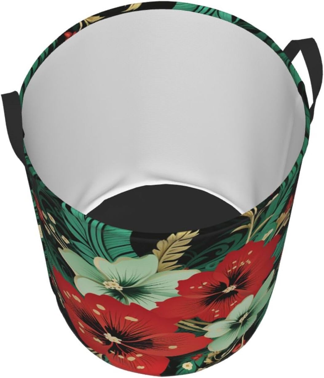 Green and red flowers Laundry Basket With Handles, Foldable Laundry Hamper Oxford Cloth Dirty Clothes Basket Waterproof Clothes Toys Storage Bin Organizer for Bedroom Bathroom Dorm