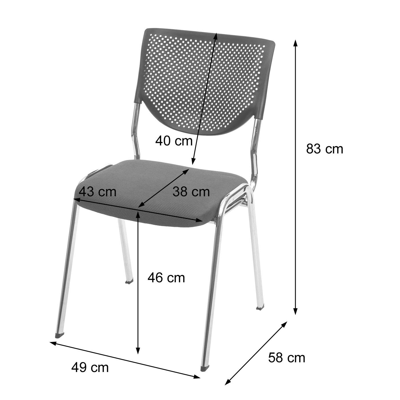Mendler 4X Chaise Visiteur T401 Tissu Textile siége Gris foncé Pieds chromés