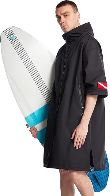 Hiturbo Waterproof Changing Robe,Mid-length Sleeve Hooded Coat,Windproof Poncho For Swimming Surfing
