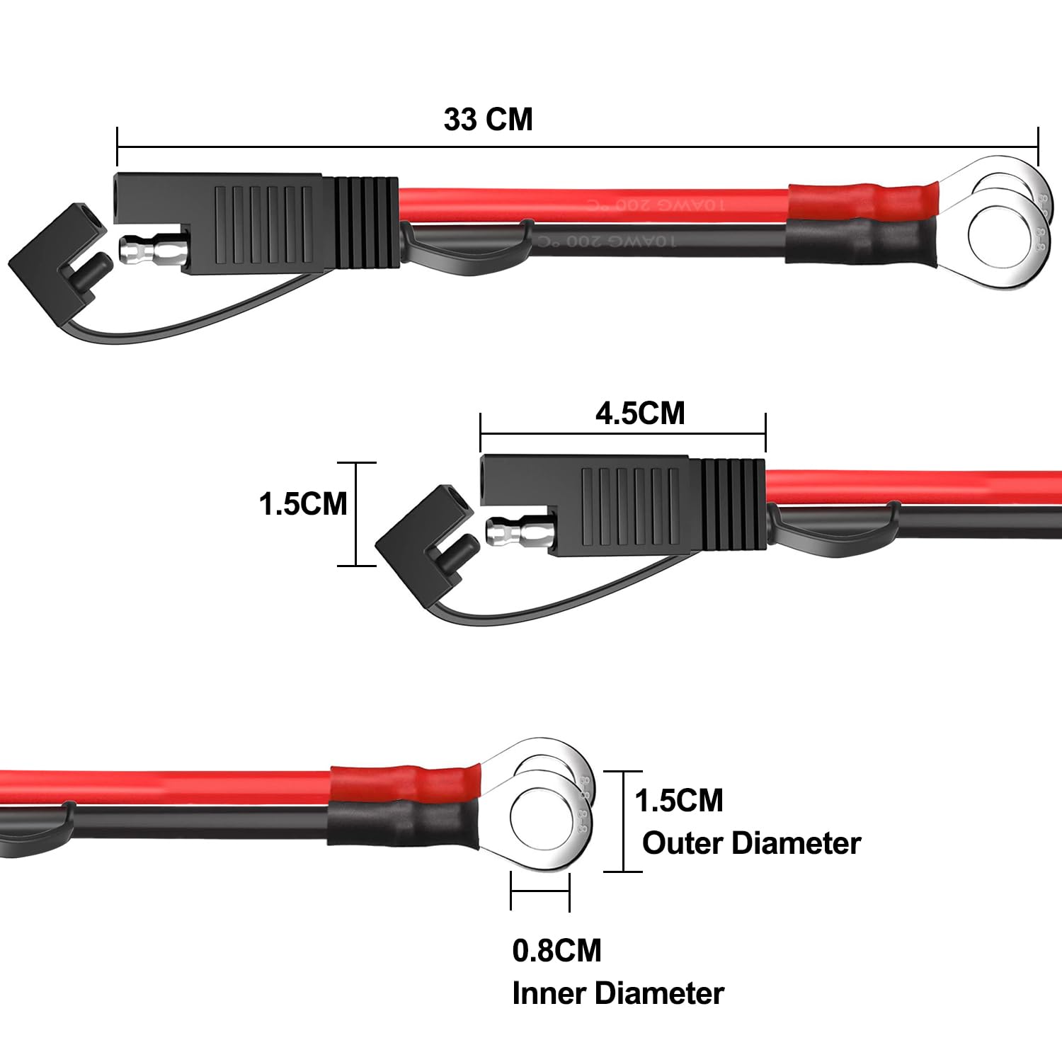HuaLiSiJi SAE to O Ring Battery Connector 10AWG 30A 12V 24V, for Car Battery Charging Or Other Equipment (0.3m)