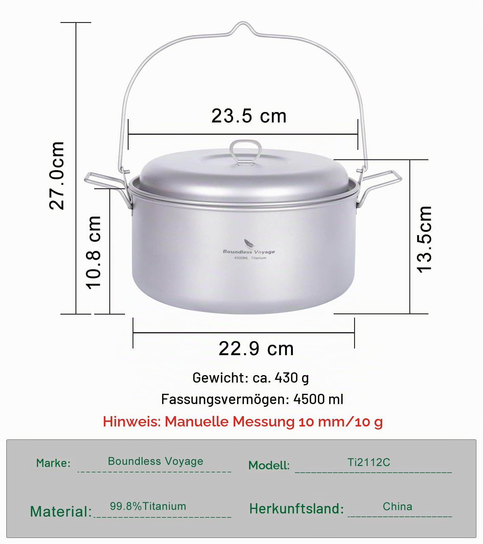 iBasingo Titan SuppeTopf 4.5L Outdoor Kochgeschirr für Camping, Picknick, Wandern und Reise Küchengeschirr Kochkit Ti2112C