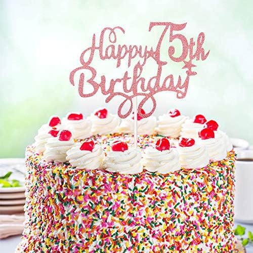 Boao 3 Pieces 75th Birthday Cake Toppers Happy 75th Birthday Cake Cupcake Topper Picks Glitter Cake Decoration for 75th Birthday Party Supplies Cake Decorations, Rose Gold