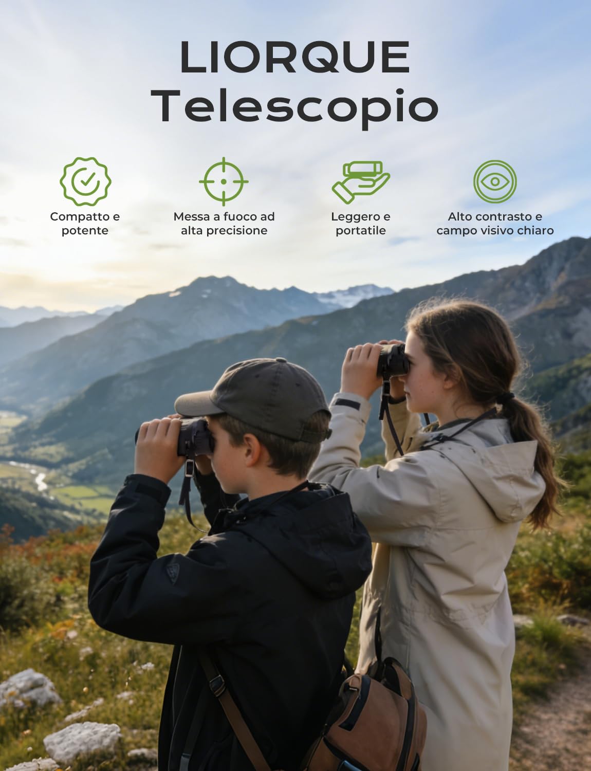 LIORQUE 10×25 Binocolo Professionale per Bambini e Adulti | Cannocchiale Portatile Pieghevole | Per Scarsa Illuminazione | Ideale per Birdwatching, Trekking, Viaggi e Caccia