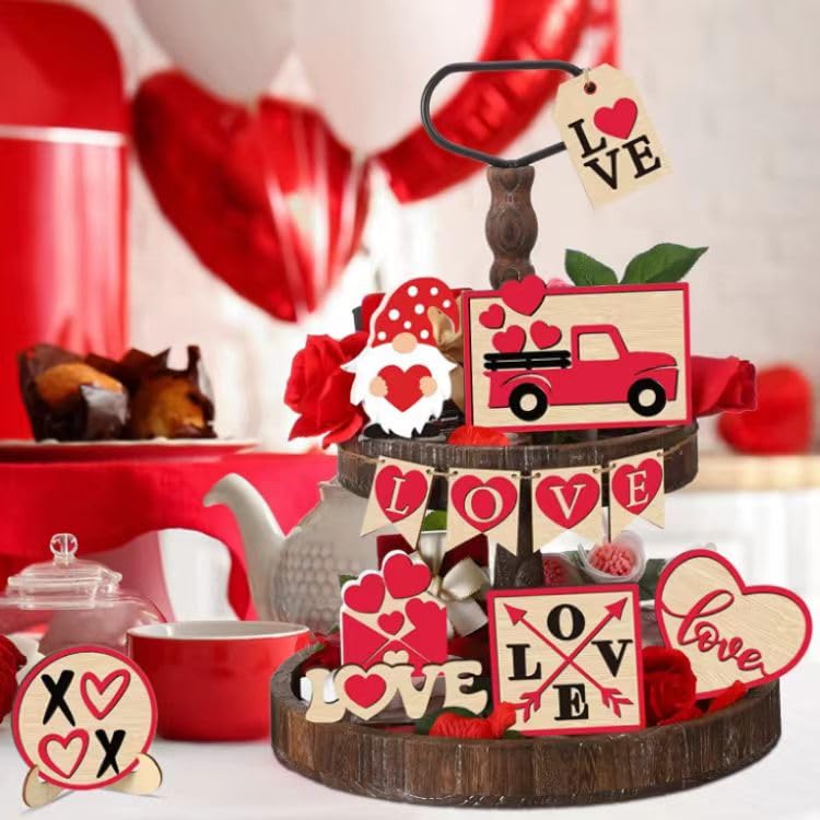 Valentine's Day Tiered Tray Decor, Farmhouse Decor Set, Valentine's Day Stereoscopic Exquisite Relief Design Sign Rustic Table Ornaments for Kitchen Table Decoration, Gift (Love)