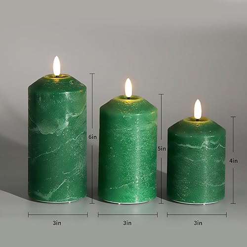 Miniatura 2 de Eywamage Velas de pilar sin llama verdes con control remoto, velas LED parpadeantes de cera real que funcionan con pilas, juego de 3