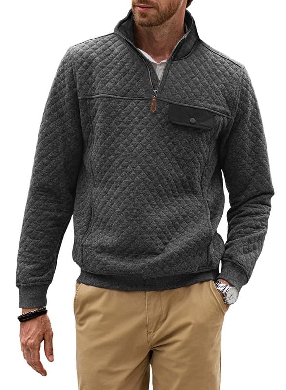 Men's Quarter Zip Pullover Quilted Sweatshirt Casual Mock Neck Geometric Texture Polo Sweater with Pocket2