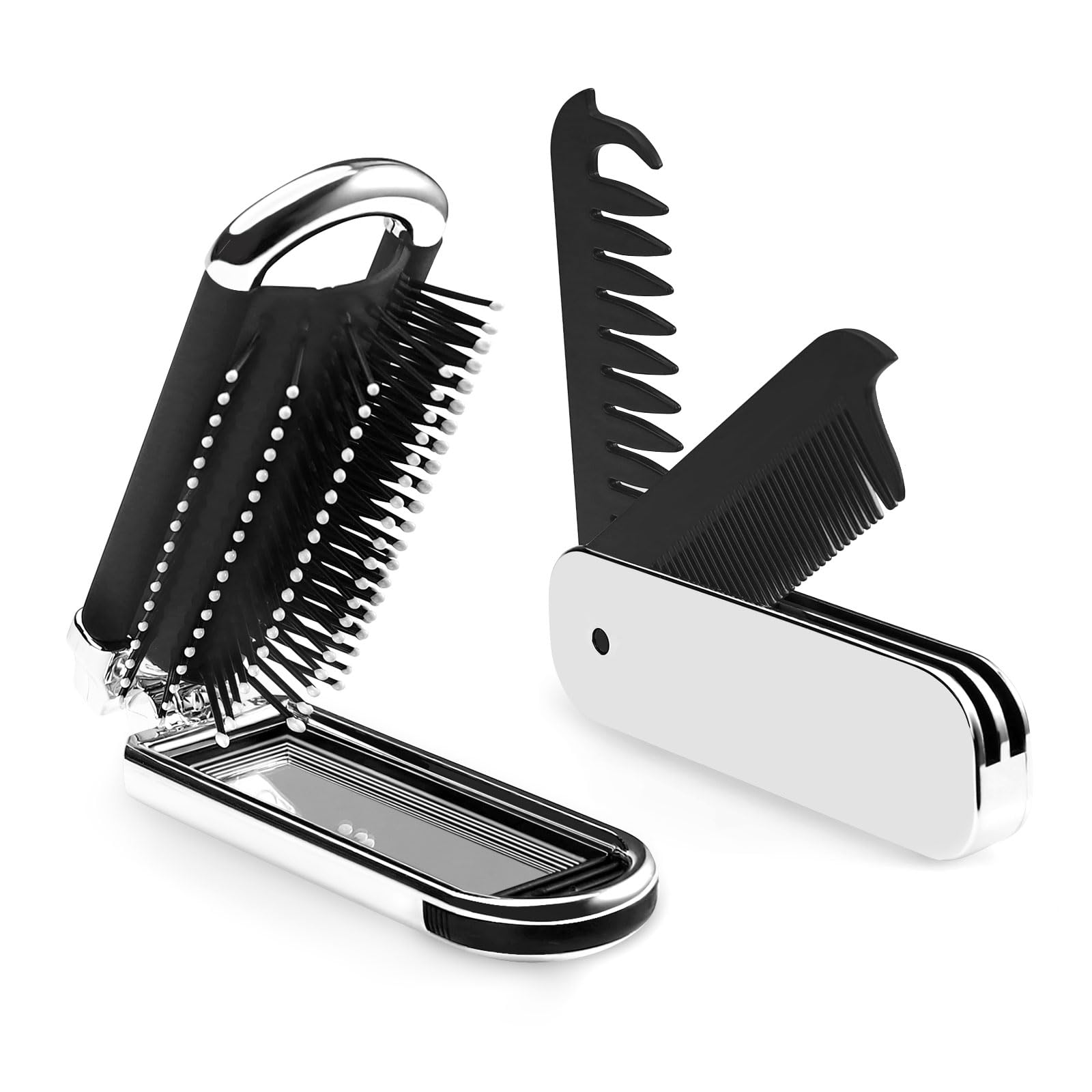 Modixun 2 Pack Travel Foldable Comb and Hair Brush with Mirror, Wide + Fine Tooth Comb