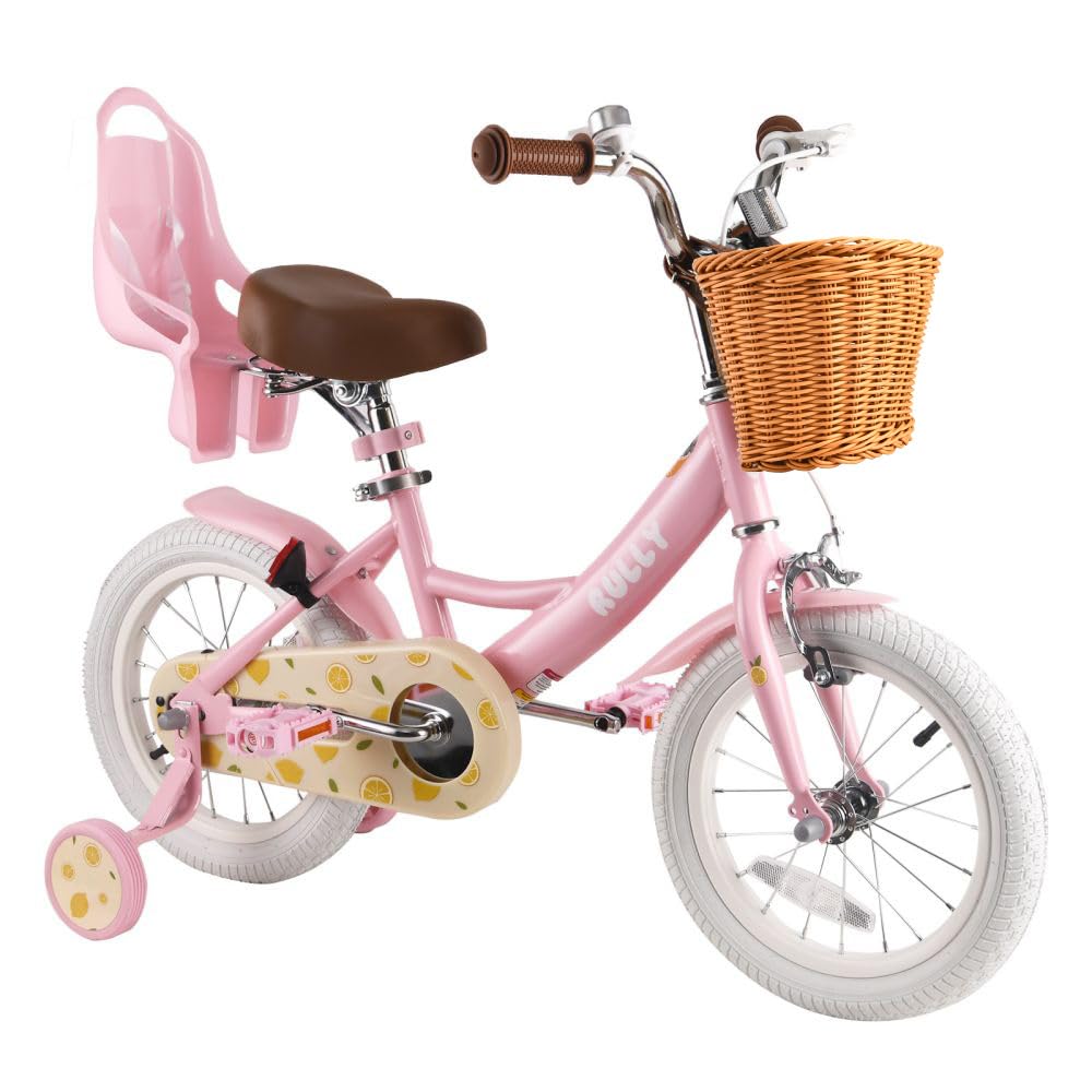 RULLY Fruit Kids Bike 12 14 16 Inch Bicycle for Girls Ages 2-7 Years, Training Wheels Included, Girl Bikes with Basket & Doll Seat