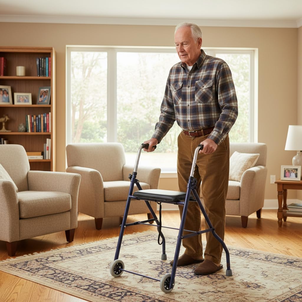 Andador con Asiento para Ancianos, Ruedas Delanteras, Plegable, Regulable en Altura 75-92 cm, Asiento Acolchado 39 x 20 cm, Estructura de Acero, Puños Anatómicos, Azul