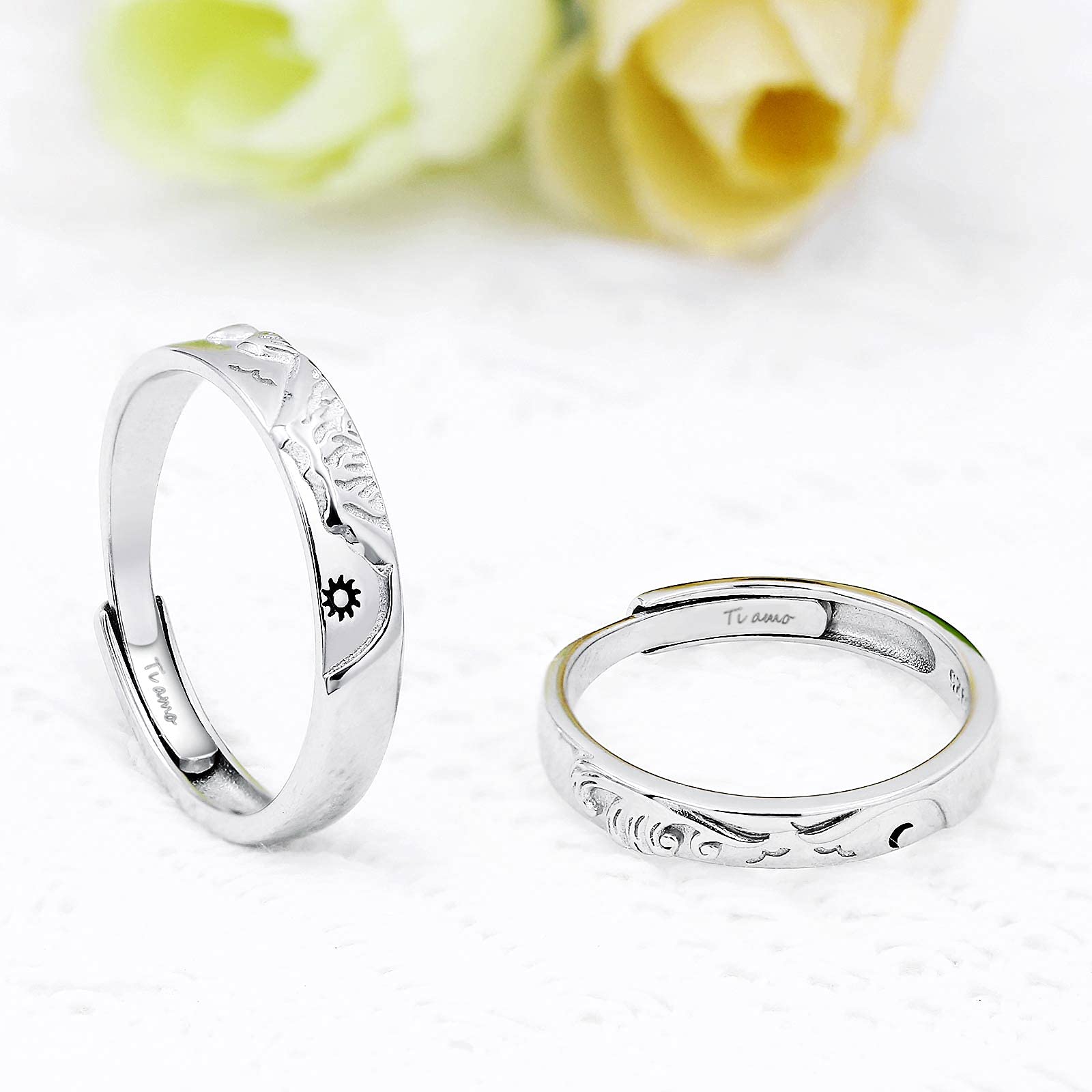 Anillos Compromiso Pareja, Joya Plata 925, Anillo Ajustable Simple Anillo Pareja Sol y Luna de Montaña y Mar, Alianzas Boda Regalo Aniversario Pareja