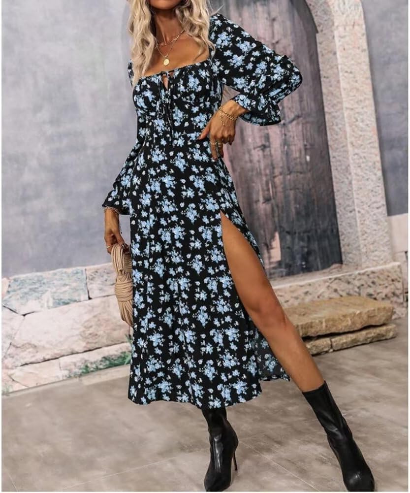 Women’s Floral Square Neck Maxi Dress Bubble Long Sleeve Side Slit Flowy Boho Dresses - Image 3