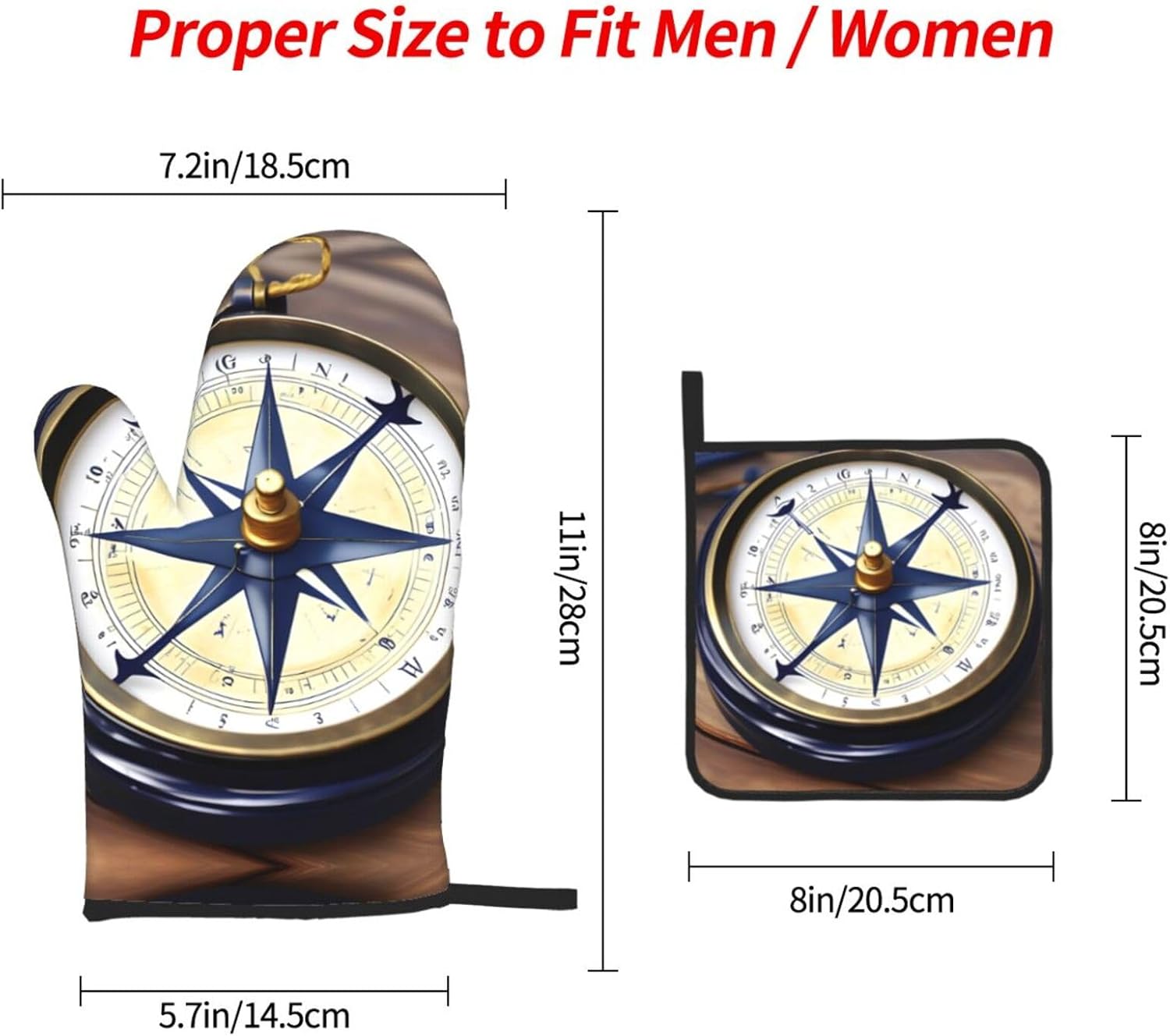 Sail Boat Nautical Compass Print Heat Resistant Microwave Gloves, Used for Baking, Cooking, and Fashion Kitchen Essentials