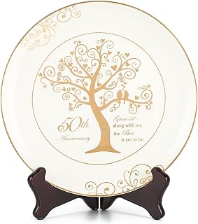 50th Anniversary Plates with 24k Gold Foil - 50 Year Wedding Gifts for Parents Couples, Valentine's Day Golden Gift, Porcelain with Stand 9 Inch
