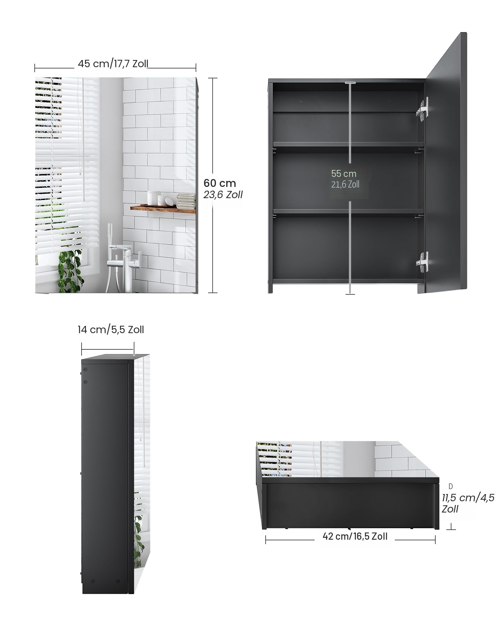 CHOEZON Spiegelschrank, Badezimmerschrank, Wandschrank mit Spiegel, Hängeschrank mit verstellbaren Regalen, an der Wand montierter Badschrank, hängende Aufbewahrung für Badezimmer, Schwarz