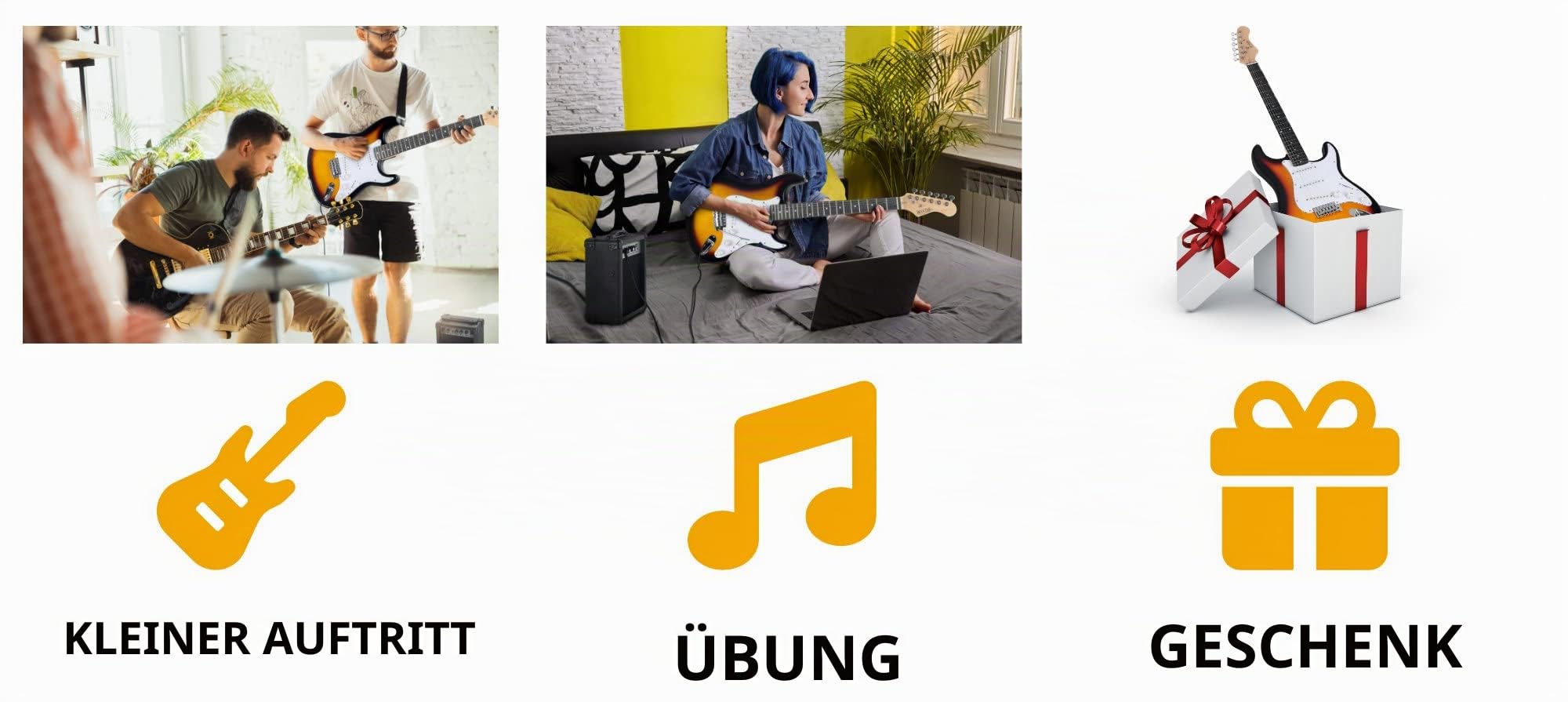 Rocktile Banger's Pack E-Gitarren Set Sunburst inkl. Verstärker, Tasche | Rocktile ST-Style E-Gitarre, 3-Color Sunburst Finish, 3 Single-Coil Tonabnehmer, 5-Wege Wahlschalter, 1 Volume-/ 2 Toneregler