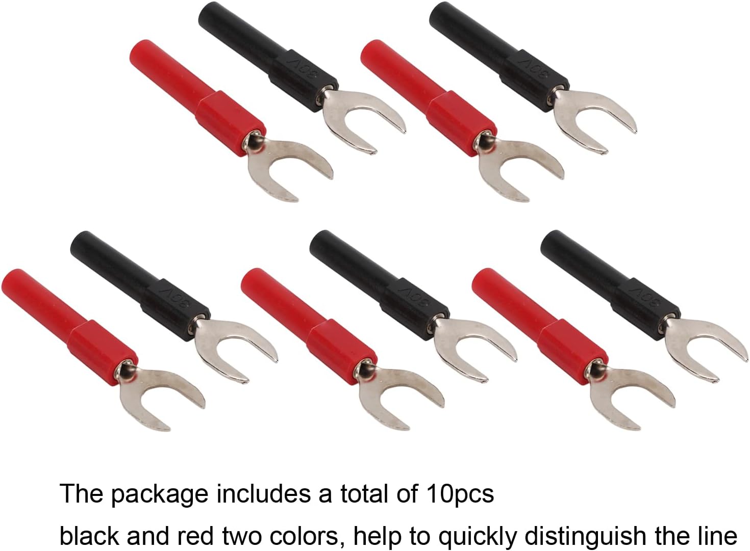 10pcs Y Spade Plug, Red Black Plated U Fork Spade Connector with 4mm Jack Copper Banana Socket for Multimeters Electronic Applications, Support 30V Voltage and 36A Current