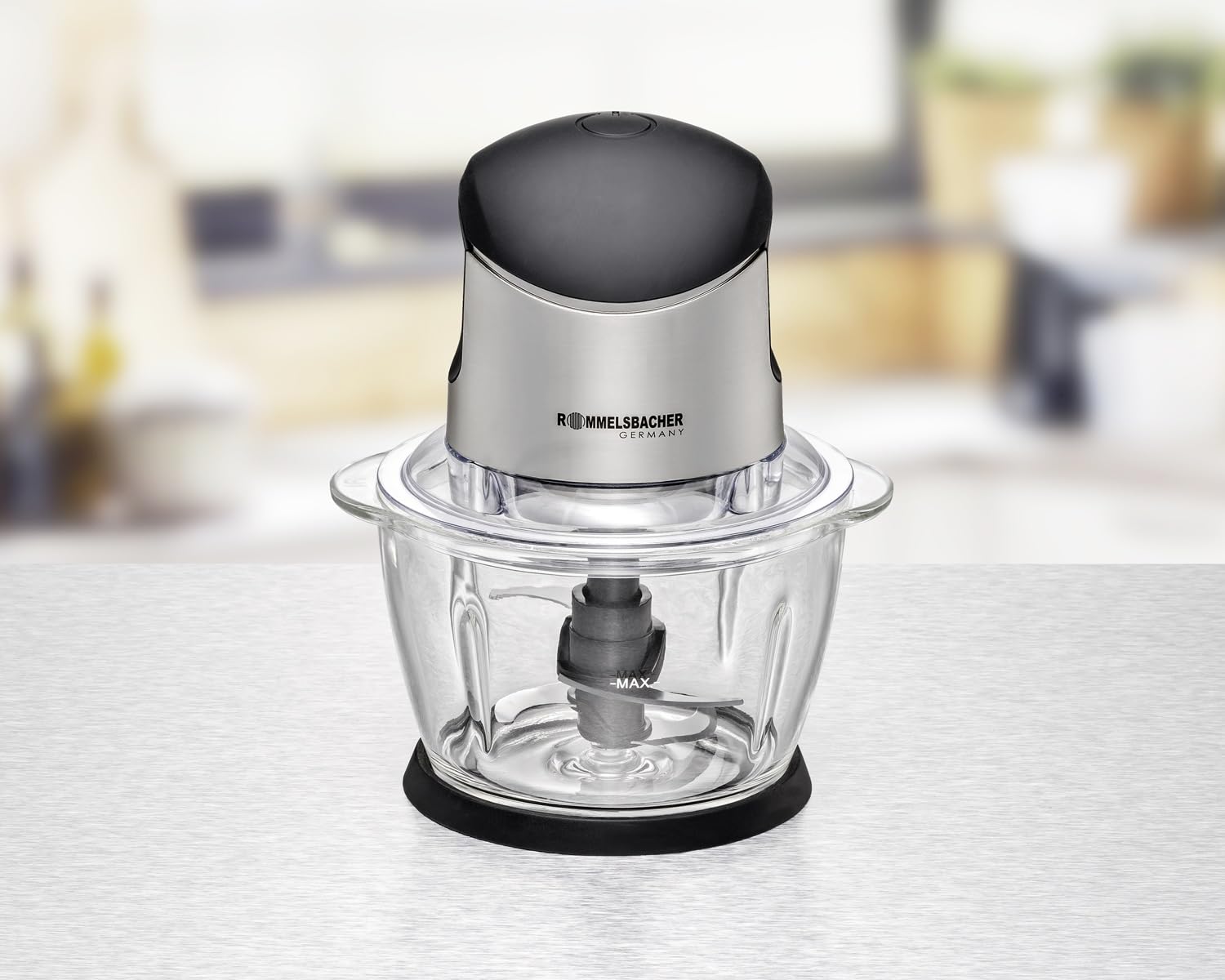 ROMMELSBACHER Hachoir multifonction MZ 400 – Moteur puissant, lame spéciale à 4 lames en acier inoxydable, récipient en verre 1 litre, noir/chrome brossé, 400 W