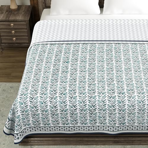 Image of BLOCKS OF INDIA 100% Cotton Dohar King Size Reversible Hand Block Printed Malmal Summer Dohar /Blanket (Green BEL)