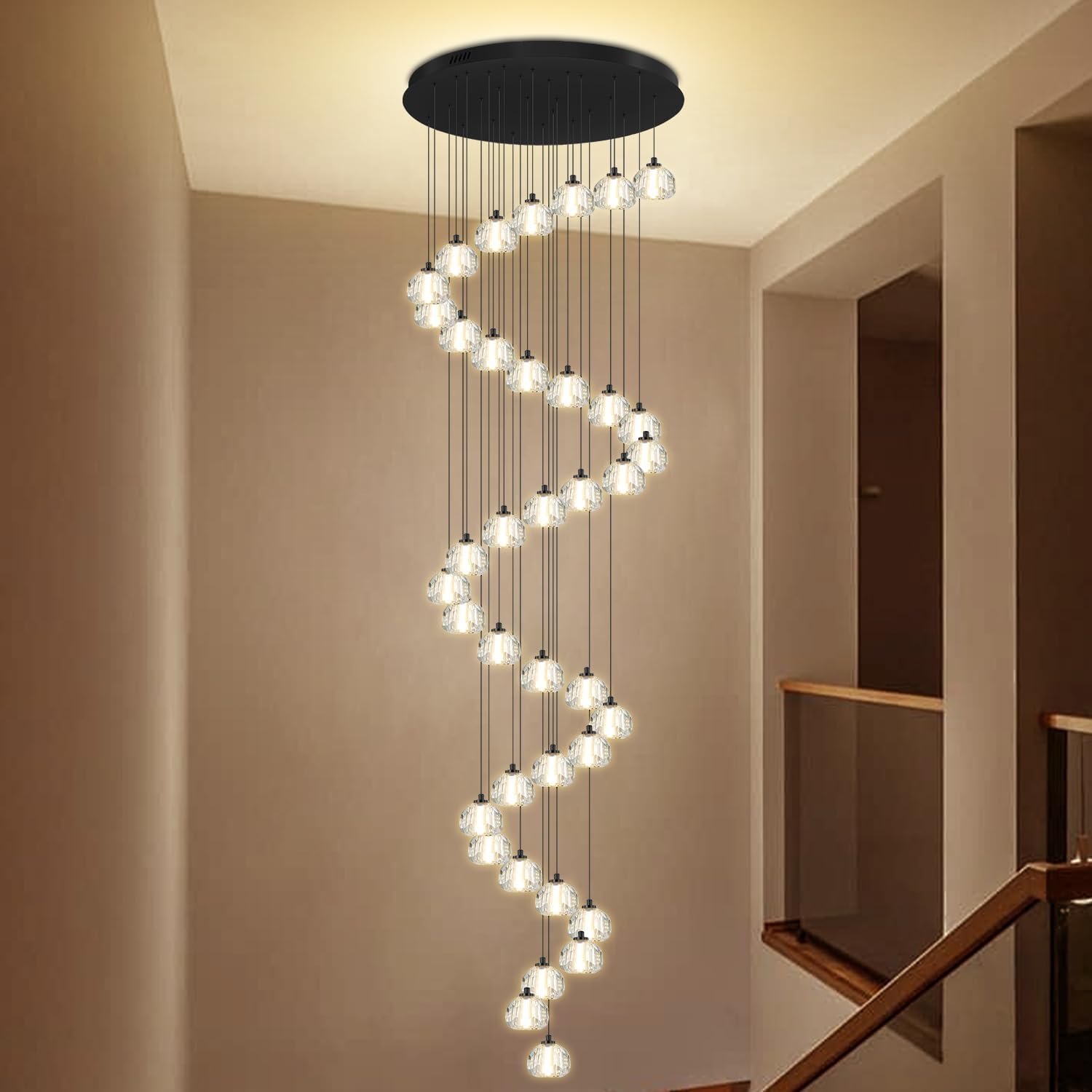 D32''x H170'' Extra Large Chandelier for Villa Staircase Led Long Crystal Ball Chandelier for High Ceiling Black 38 Light